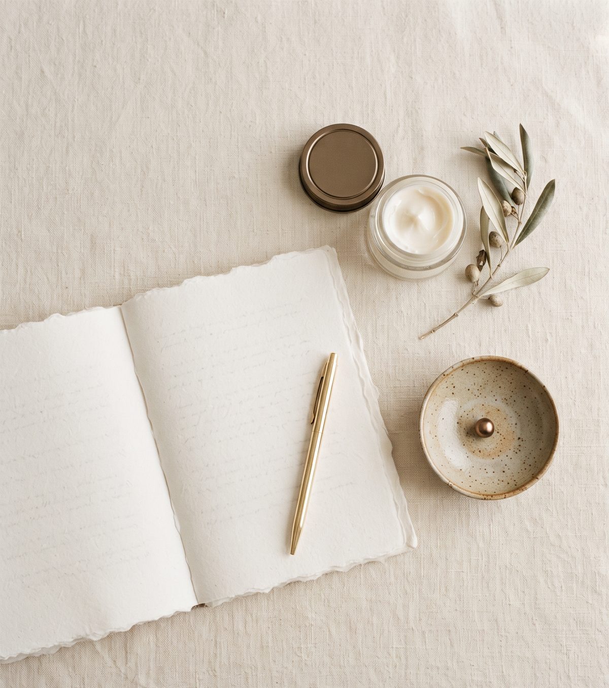 Caderno aberto, caneta dourada e amostra de creme sobre linho