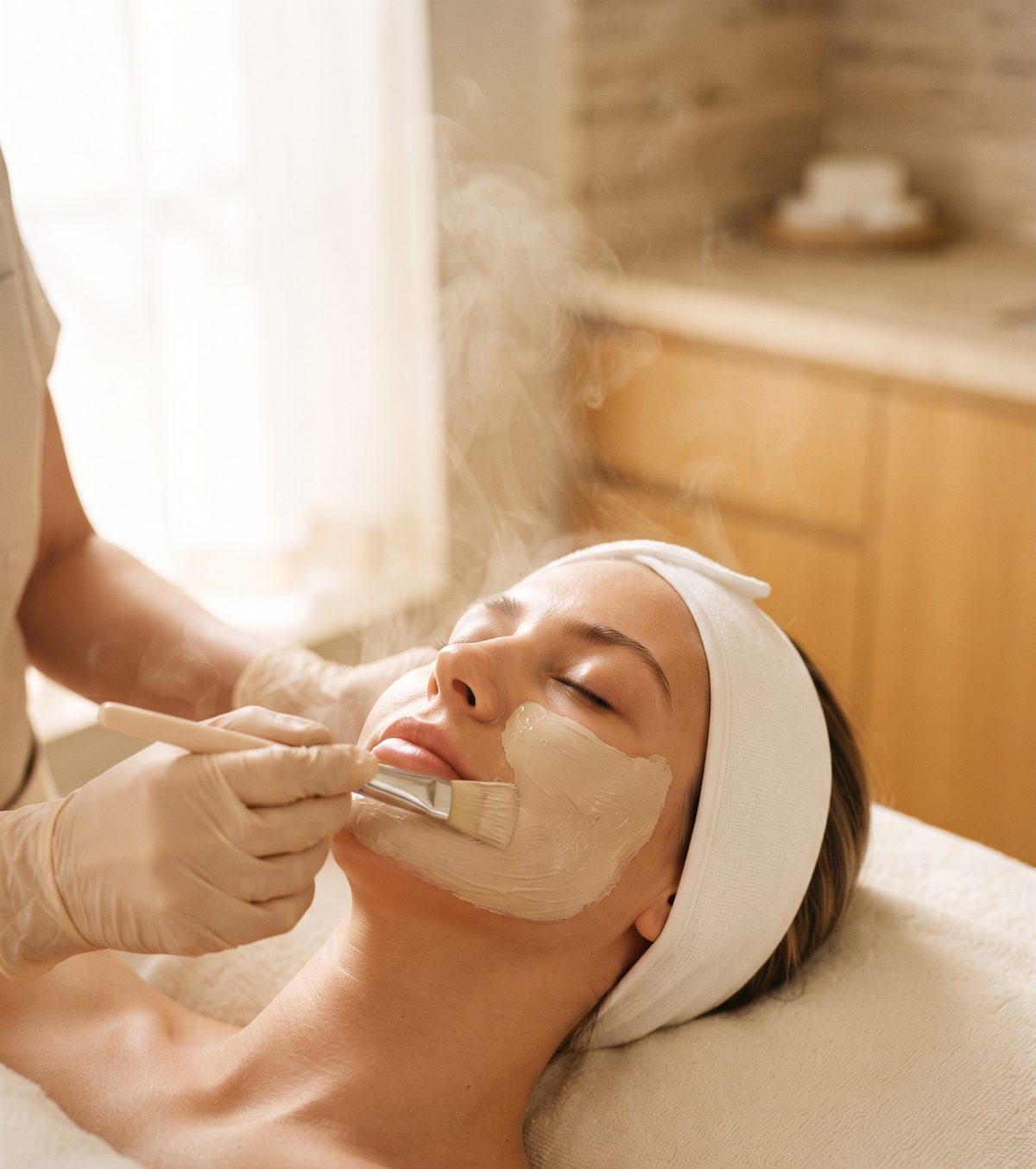 Profissional aplicando máscara facial em uma cliente relaxada