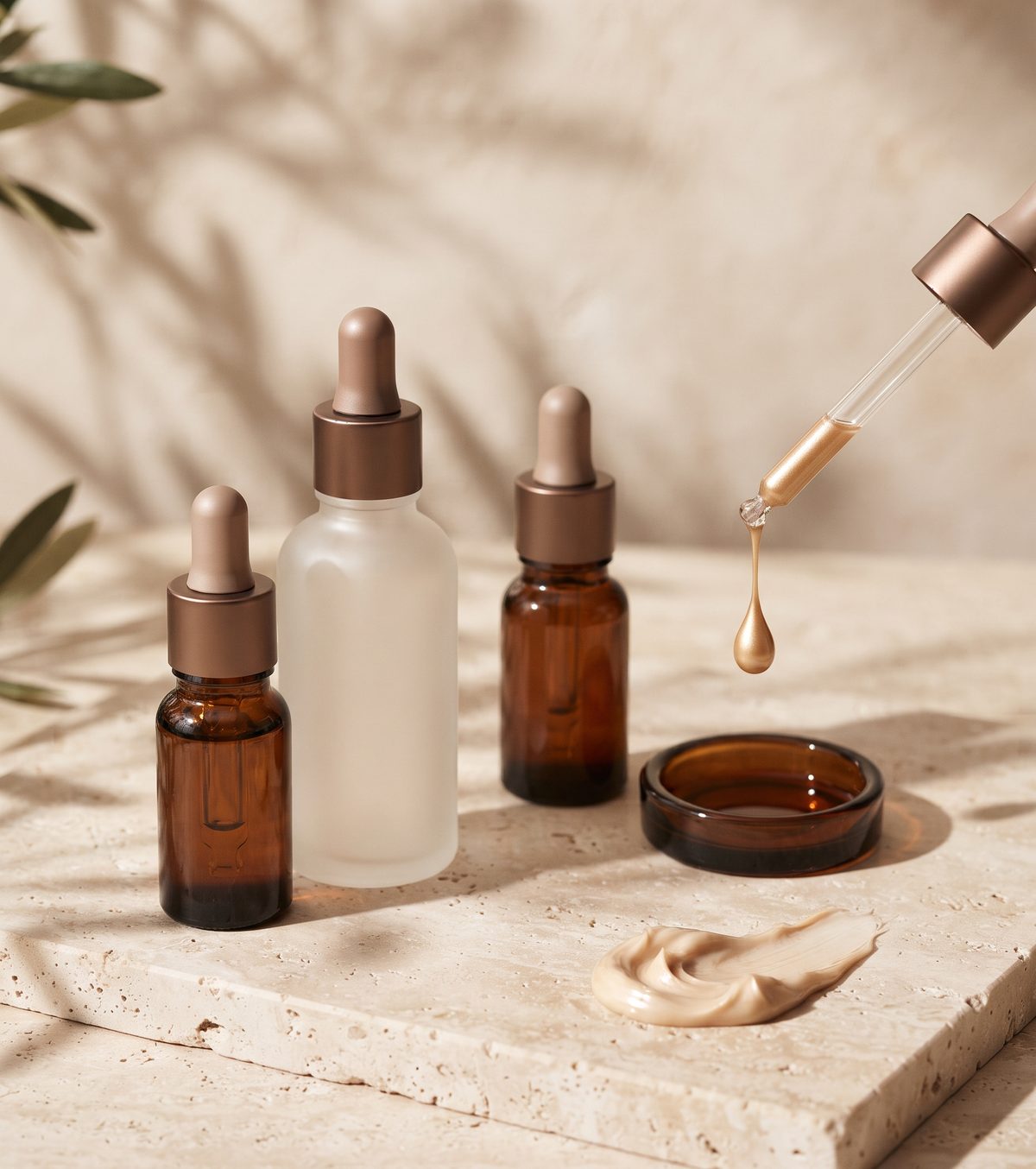 Frascos de sérum âmbar e fosco sobre travertino, com uma gota dourada caindo